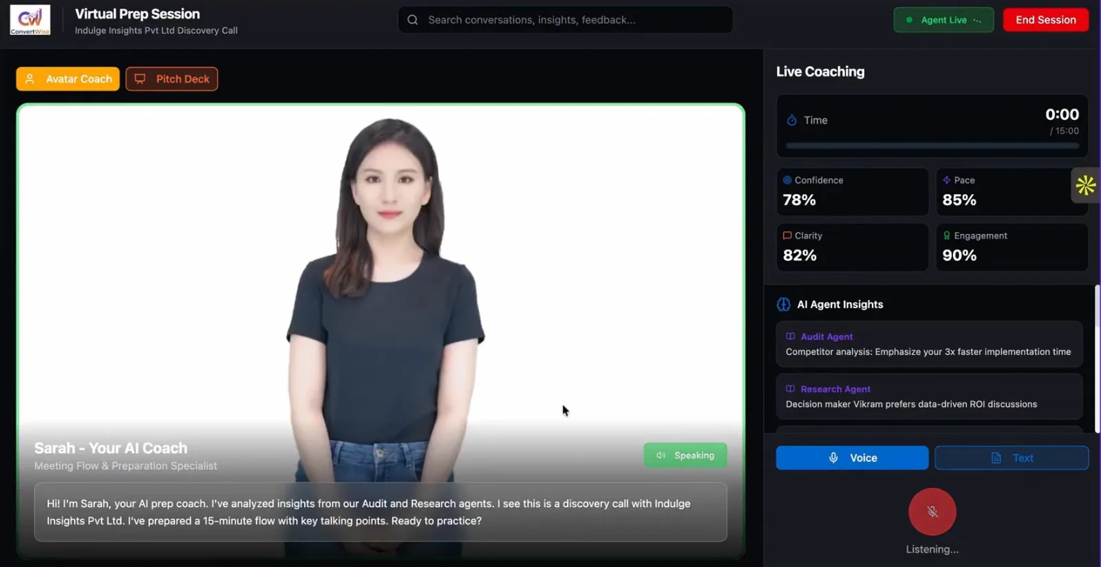 Nimitai virtual sales prep session with AI coach providing real-time feedback on confidence, pace, and clarity