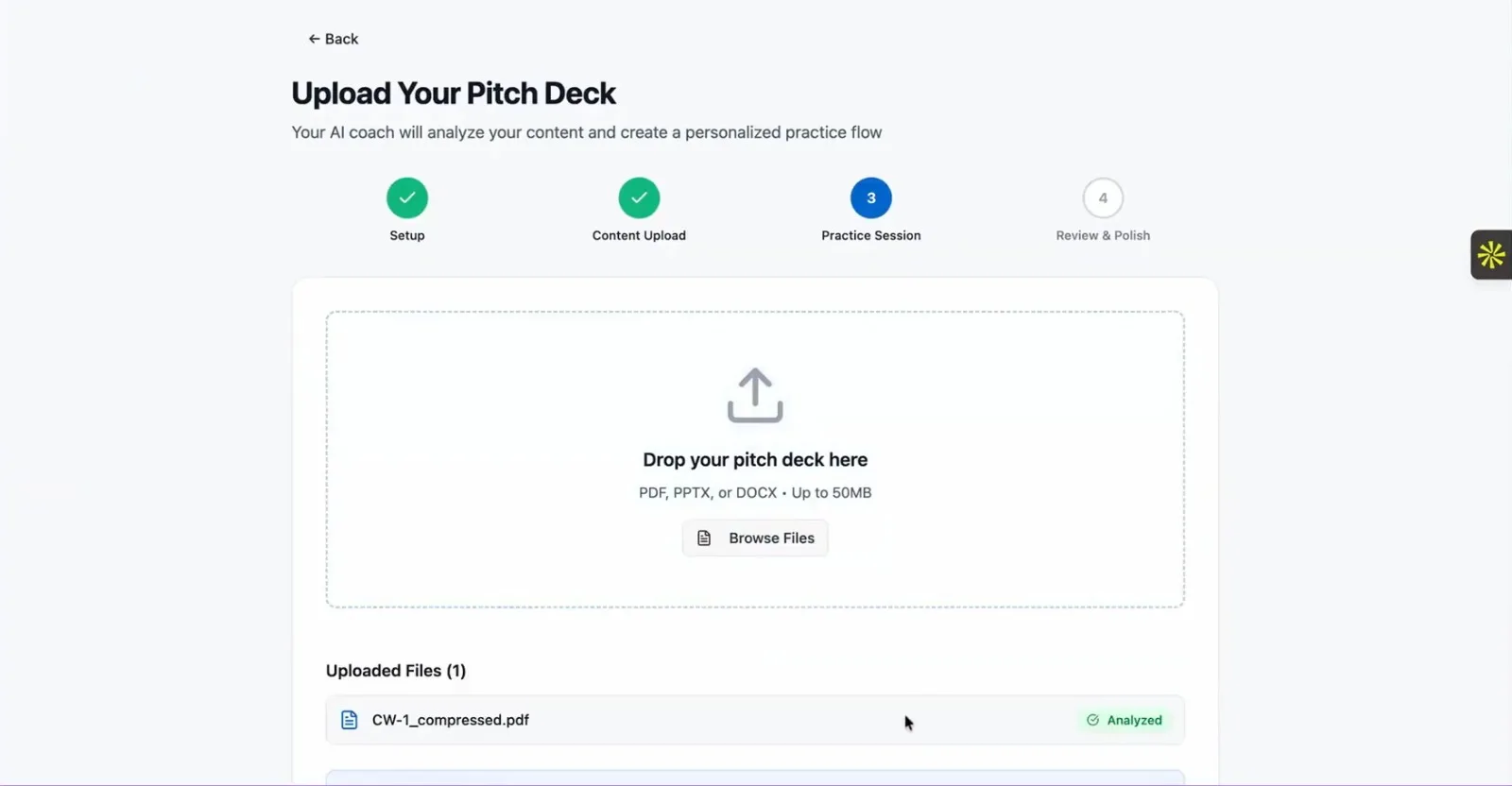 Uploading a sales pitch deck into Nimitai for AI analysis and personalized coaching flow creation