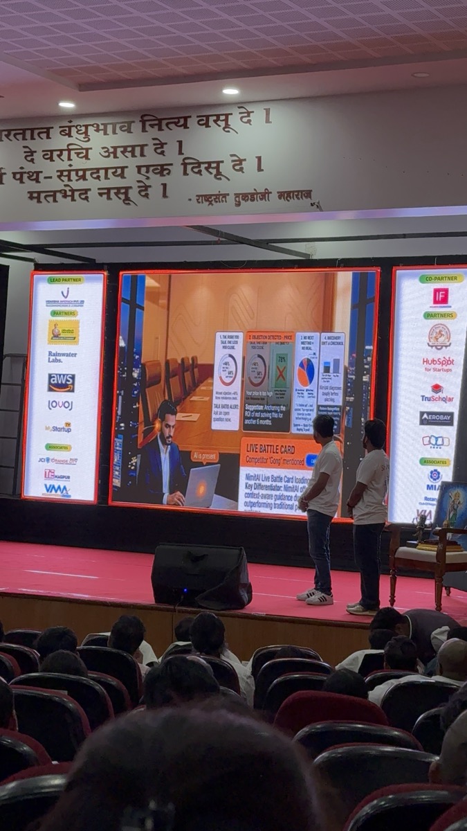 Nimitai team presenting on stage at Innopreneurs Season 12 by Lemon Ideas, Nagpur, pitching to a 400+ audience and 5 judges at the Viksit Bharat Conclave
