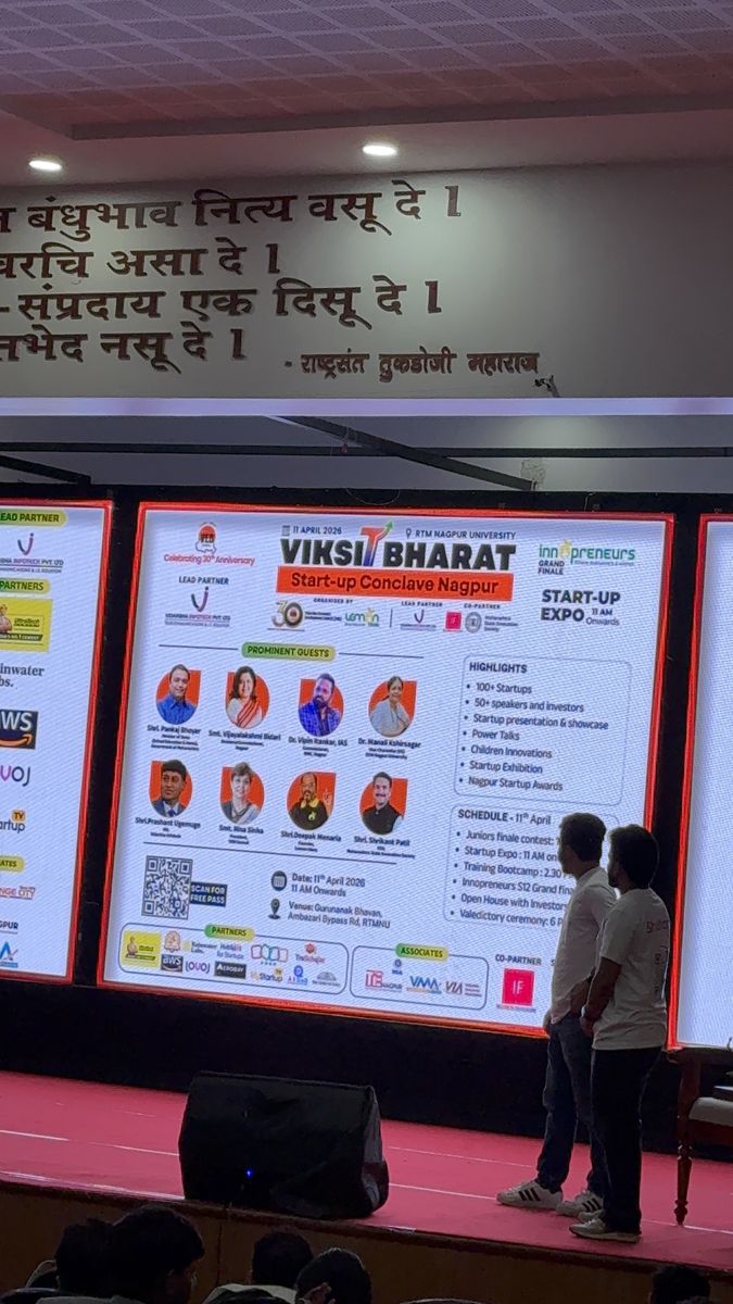 Nilansh and Archit on stage at the Viksit Bharat Innopreneurs Season 12 grand finale at RTMNU Nagpur
